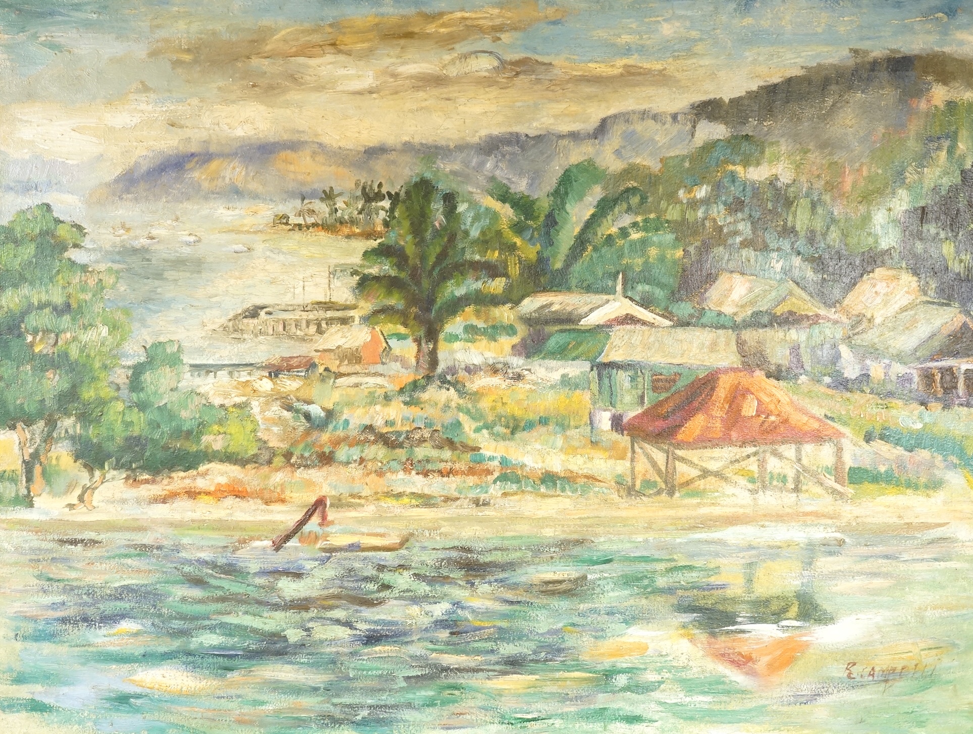 R. Campbell, Continental harbour view with huts, signed, oil on canvas, 51 x 68cm, gilt framed